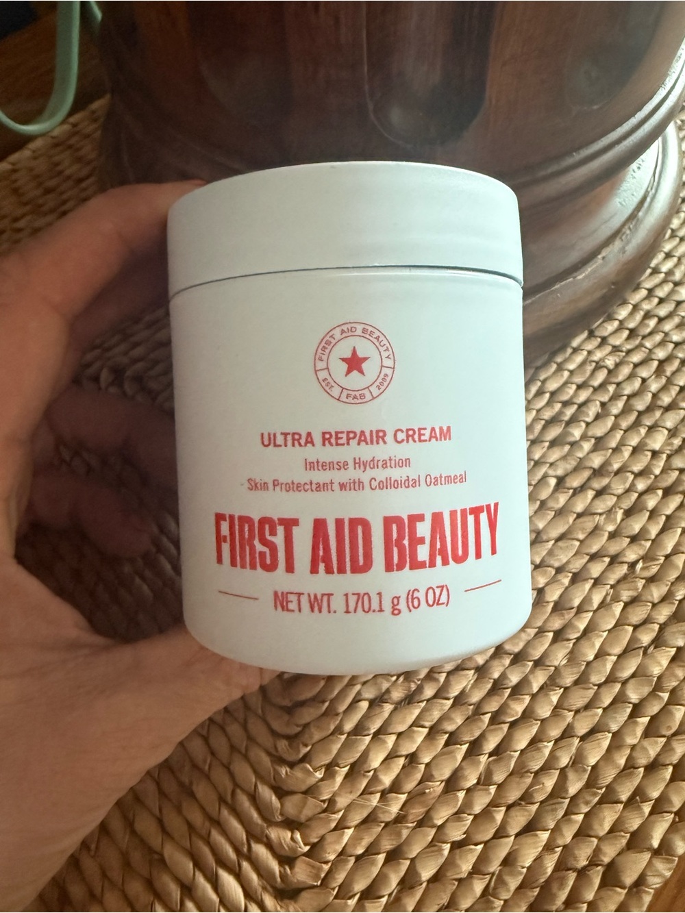 First Aid Beauty Jar in White with Red Logo